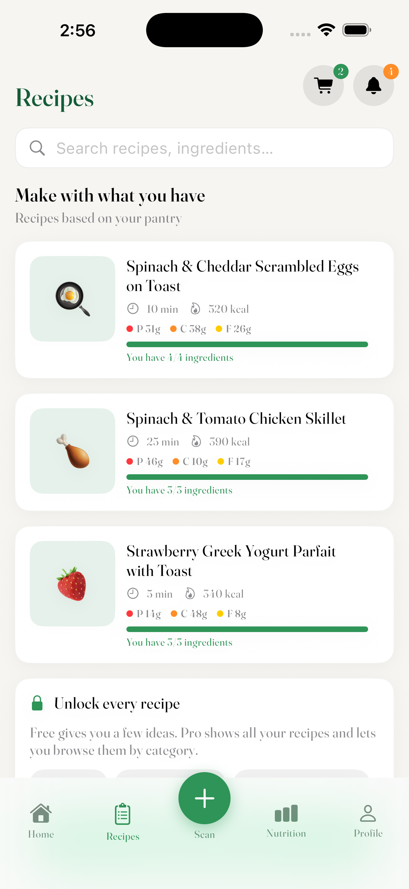 Recipes screen